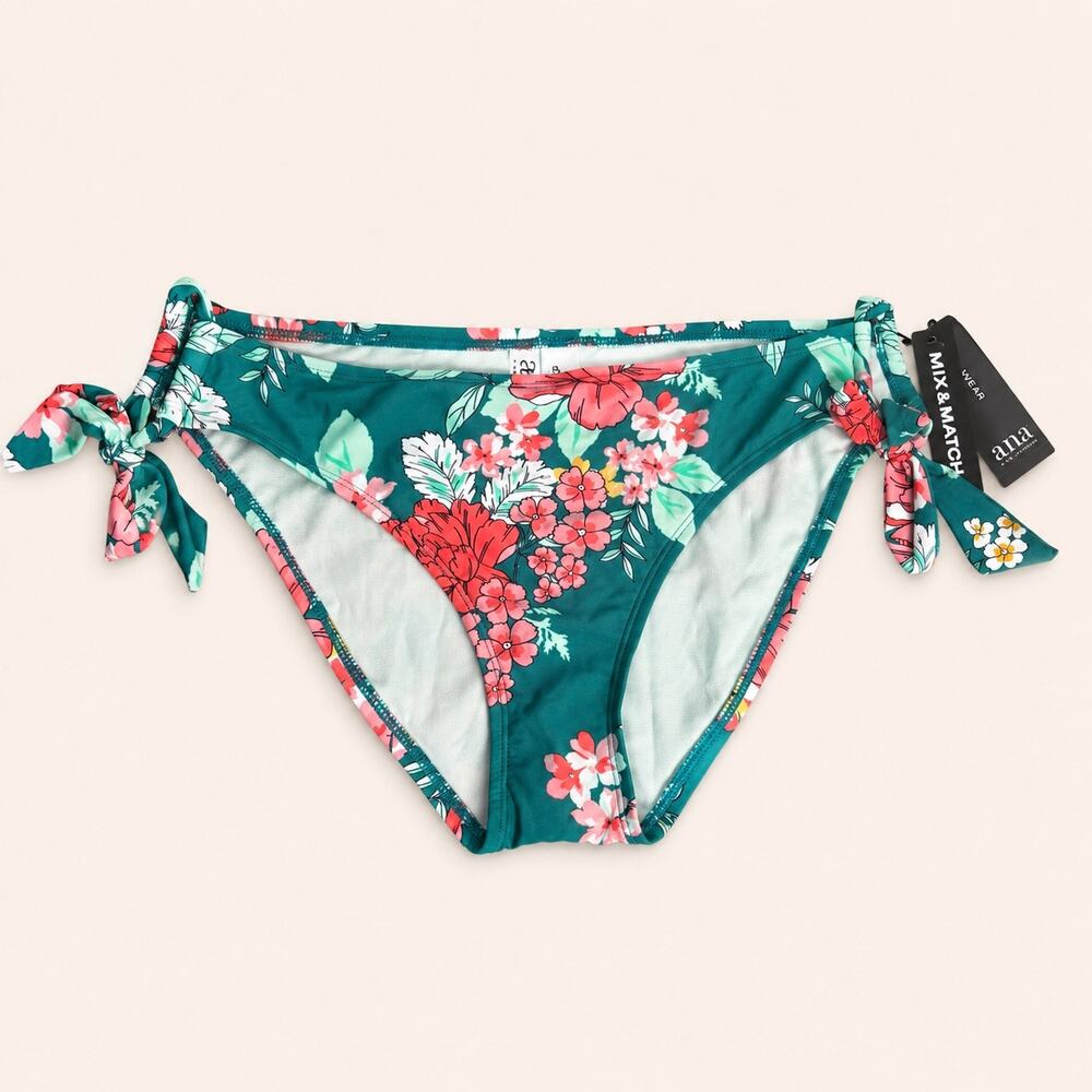 NWT a.n.a Large Tropical Floral Side Tie Bikini Bottoms Teal Mix & Match